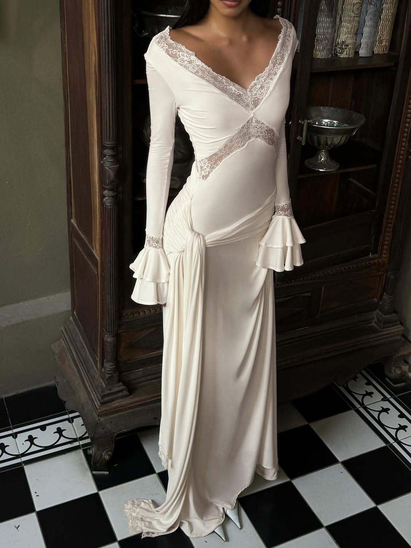 Vestido feminino feminino elegante de decote em V e decote em V mais vendido da Amazon, vestido de gravata ajustado de mangas longas com folhos e mangas longas