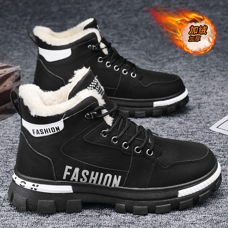Botas de neve masculinas, botas de algodão espessas forradas a polar para o inverno 2025, sapatos masculinos resistentes ao frio, sapatos quentes de algodão, botas Martin masculinas