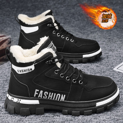 Botas de neve masculinas, botas de algodão espessas forradas a polar para o inverno 2025, sapatos masculinos resistentes ao frio, sapatos quentes de algodão, botas Martin masculinas
