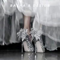 Primavera/Outono 2025 Novos Laços de Salto Alto de Diamante de Prata em Cristal para Mulher, Sapatos de Casamento Francês de Stiletto de Alta Qualidade para As Damas de Honor