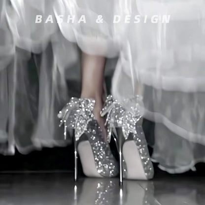 Primavera/Outono 2025 Novos Laços de Salto Alto de Diamante de Prata em Cristal para Mulher, Sapatos de Casamento Francês de Stiletto de Alta Qualidade para As Damas de Honor