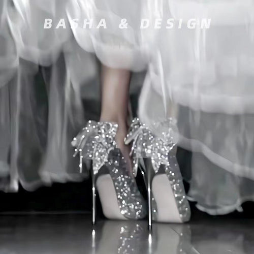 Primavera/Outono 2025 Novos Laços de Salto Alto de Diamante de Prata em Cristal para Mulher, Sapatos de Casamento Francês de Stiletto de Alta Qualidade para As Damas de Honor