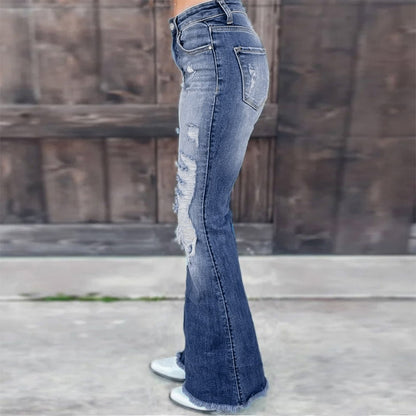 Vendas diretas de fábrica de jeans femininos europeus e americanos, calças emagrecidoras de cintura alta 2025 novas e confortáveis de ganga elástica rasgada e alargada