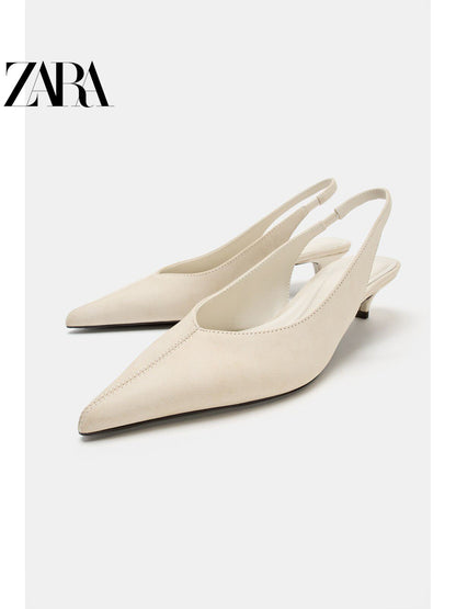 ZARA 2026 Verão Novo Sapatos Femininos Mules de Couro com Salto Baixo e Bico Fino 3228710 850