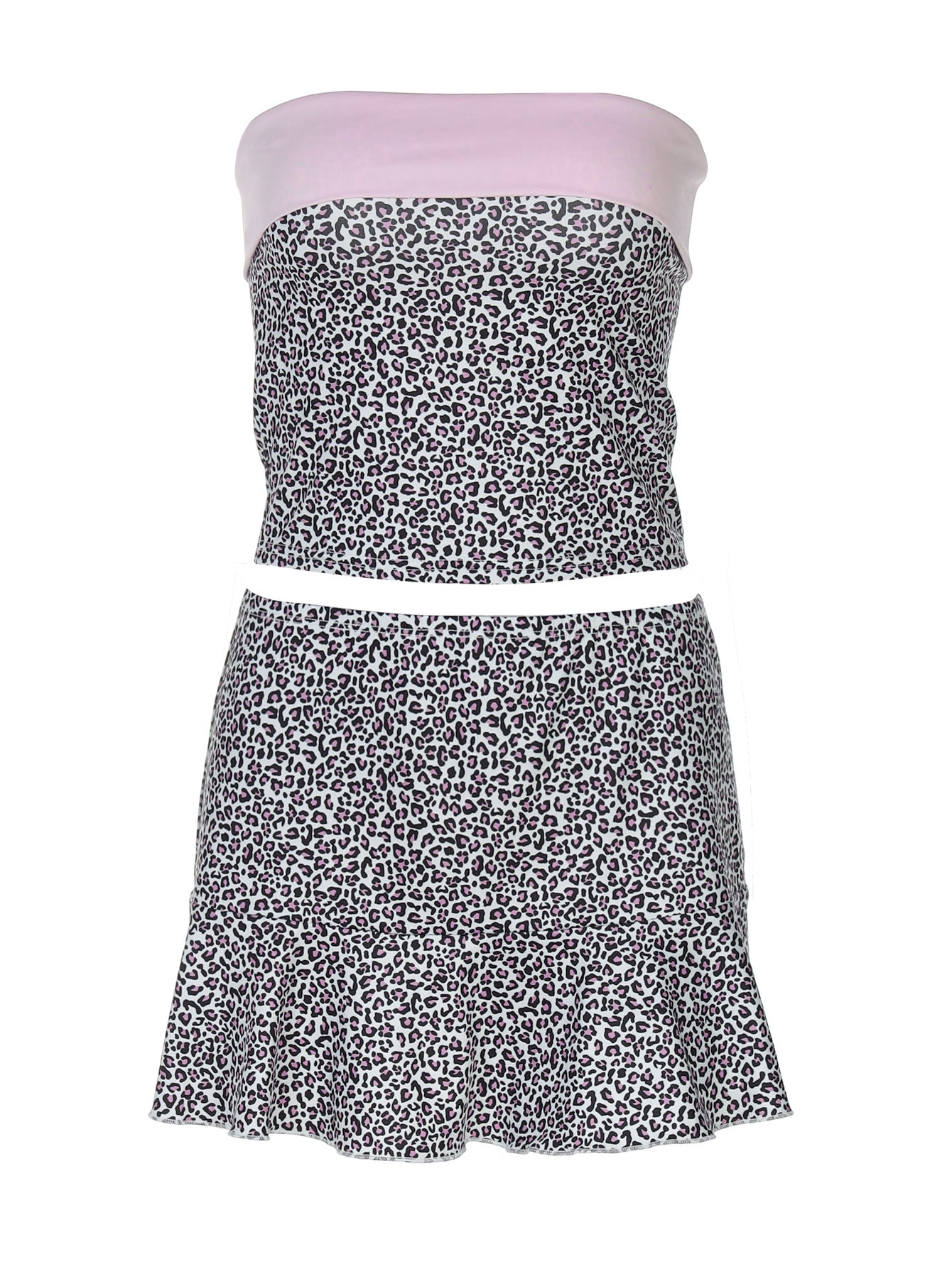 Popular no Instagram europeu e americano, novo estilo elegante de rapariga picante com estampa de leopardo, bodycon sem alças, conjunto de saia curta versátil para mulheres