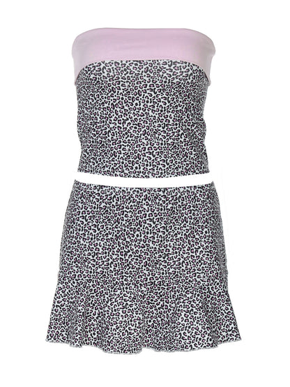 Popular no Instagram europeu e americano, novo estilo elegante de rapariga picante com estampa de leopardo, bodycon sem alças, conjunto de saia curta versátil para mulheres