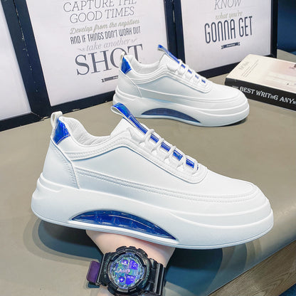 Ténis brancos masculinos, novos sapatos desportivos respiráveis de primavera 2024, sapatos versáteis com almofada de ar, sapatos casuais da moda com sola grossa que aumentam a altura