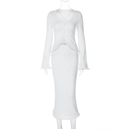 Moda transfronteiriça da Amazon, cardigan sexy de manga comprida, calça slim floral com borda casual, vestido bodycon socialite para mulheres