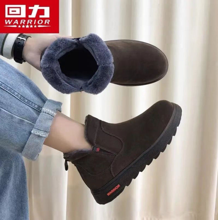 Botas de neve quentes forradas a lã guerreira, sapatos de algodão de inverno simples e de sola espessa, elegantes e versáteis para viagens ao ar livre