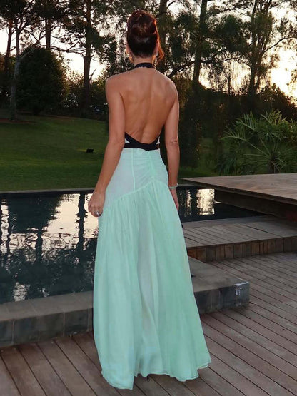 Um novo body sexy em V profundo com recorte, sem costas, elegante vestido de malha halter, em blocos de cor, a vender hot cross-border na Amazon