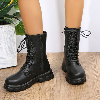 Comércio Estrangeiro Botas de Mulher Plus Size 2025 Outono/Inverno Novas Botas de Salto Grosso com Ponta Redonda com Ponta Grossa de Salto Baixo Martin Botas de Mota Feminina Tornozeleira