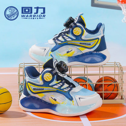 Ténis infantis de basquetebol de basquetebol Warrior color-block, puxador respirável, fácil de colocar e tirar, sapatos infantis, ténis escolares unissexo de sola grossa