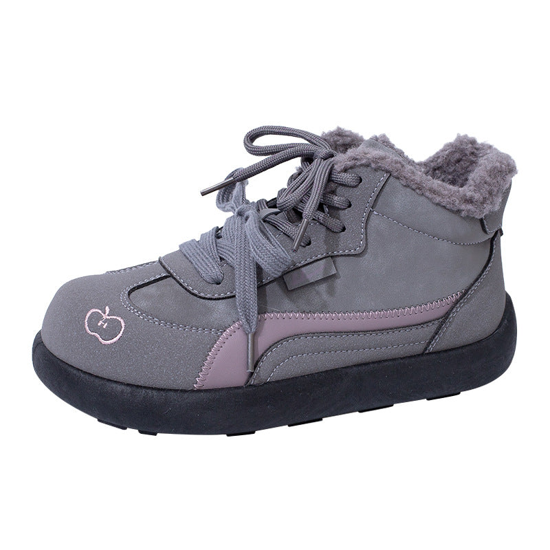 Os novos sapatos de treino moral de topo médio e alto da Warrior, sapatos quentes versáteis e da moda com blocos de cor, sapatos femininos de inverno com forro de polar duplo com laceta