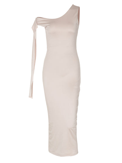 Amazon Fashion Vestido Novo Conjunto Feminino de Cor Sólida, Sexy de Tiras de Retalhos, Ombro Único e Bodycon Longo