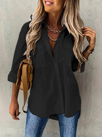 Nova camisa feminina feminina europeia e americana 2024 versátil de bolso, bolso solto, manga longa e gola virada para baixo