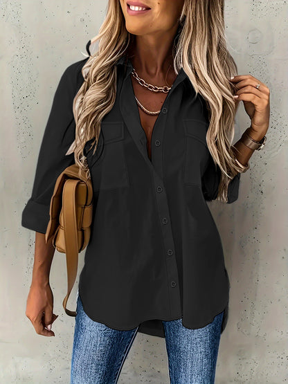 Nova camisa feminina feminina europeia e americana 2024 versátil de bolso, bolso solto, manga longa e gola virada para baixo