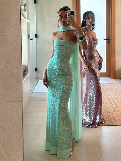 Amazon Novo vestido sexy sem alças, de cor sólida, slim longo, estilo socialite, ajustado, para mulheres