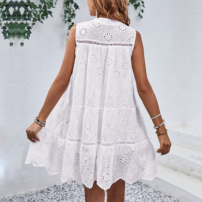 Vestido de Boneca de Renda Retalhada do Comércio Estrangeiro 2025 Novo Vestido de Férias de Praia Feminino Europeu e Americano de Verão