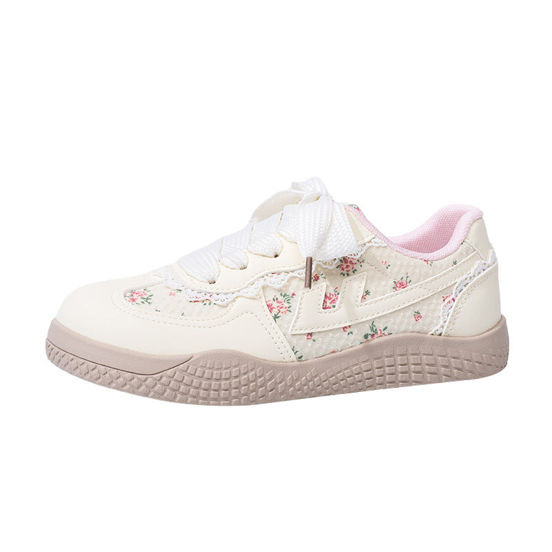 Sapatos de treino Warrior artísticos e confortáveis, sapatos casuais, florais com renda, sapatos casuais frescos, sapatos leves de estilo universitário com sola grossa para mulheres