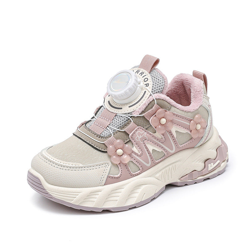 Ténis desportivos infantis com botão de bloco de cor Warrior, sapatos quentes de algodão forrados a polar de inverno, sapatos de viagem para exterior