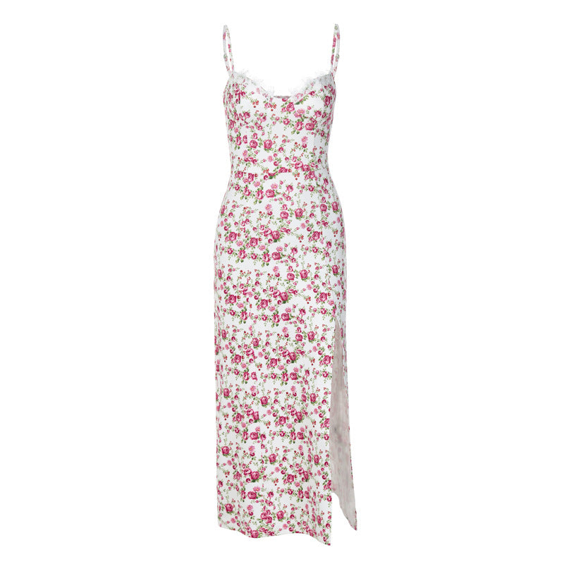 Vestido Feminino de Moda Europeia e Americana 2026 Verão Quente, Pequeno Vestido Floral Split Slit Strap Amazon Comércio Exterior Roupa Feminina por Grosso