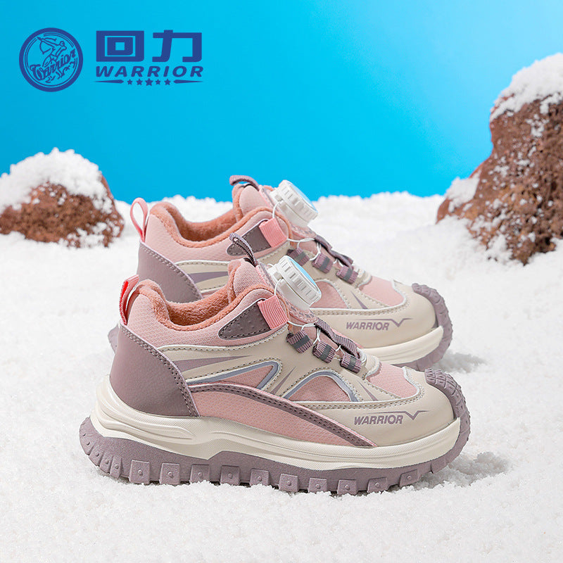 Ténis desportivos de criança com topo de pele Warrior Knob, sapatos de algodão quentes forrados a polar com blocos de cor e molés, fáceis de calçar e tirar, sapatos de inverno