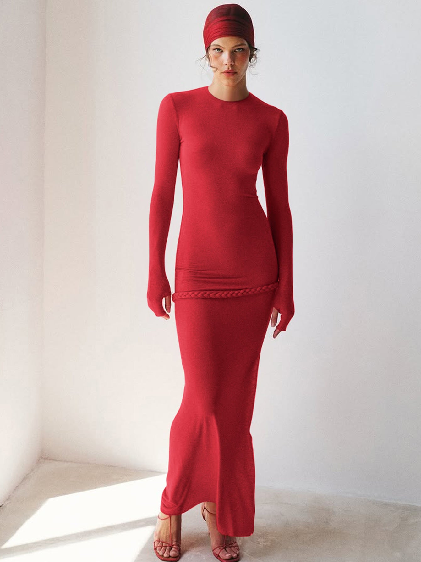 Vestido longo de mangas compridas ajustado, de cintura apertada, de cor sólida e retalhos com fendas torcidas na Amazon, de cor transfronteiriça e vendido pela Amazon, para mulheres