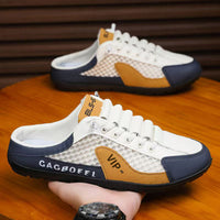 Chinelos semi-dedos fechados para homens, sandálias de rede de salto respiráveis para o verão, roupa exterior masculina, sandálias casuais de praia antiderrapantes para condução