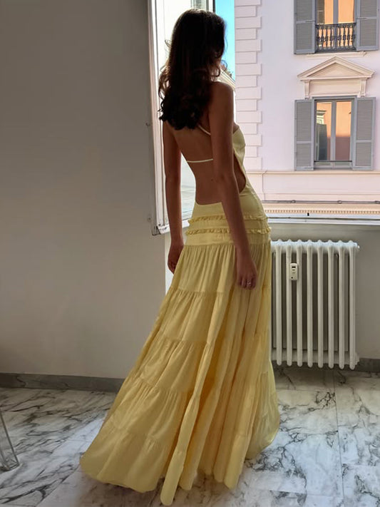 Vestido transfronteiriço novo e vendido pela Europa e América, vestido longo de retalhos, de um ombro, plissado e multicamadas, sexy, sem costas ocas, remendado, para mulheres