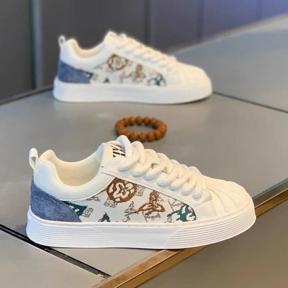 Sapatos masculinos com bico em forma de concha, ténis planos versáteis para estudantes casuais de outono, sapatos desportivos de marca alta, de topo de gama, brancos de sola grossa e na moda