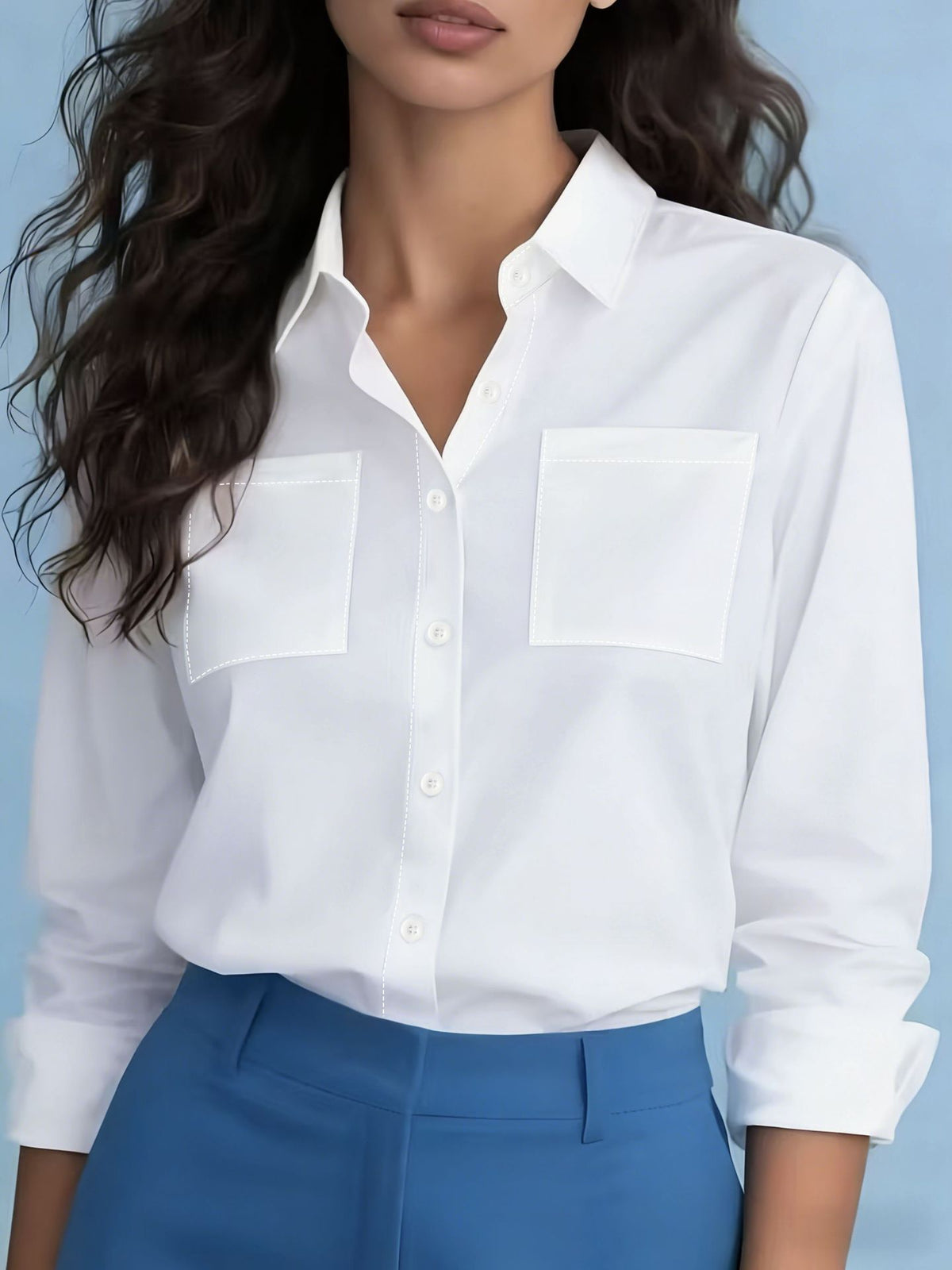 Camisa feminina elegante, europeia e americana, de quatro estações, bolso transfronteiriço e manga comprida, solta e lapela