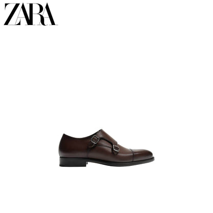 ZARA Coleção Primavera/Verão 2026 Sapatos Masculinos, Sapatos de Couro Marrom com Fivela Dupla, Sapatos Monk Sociais, 2410621 700