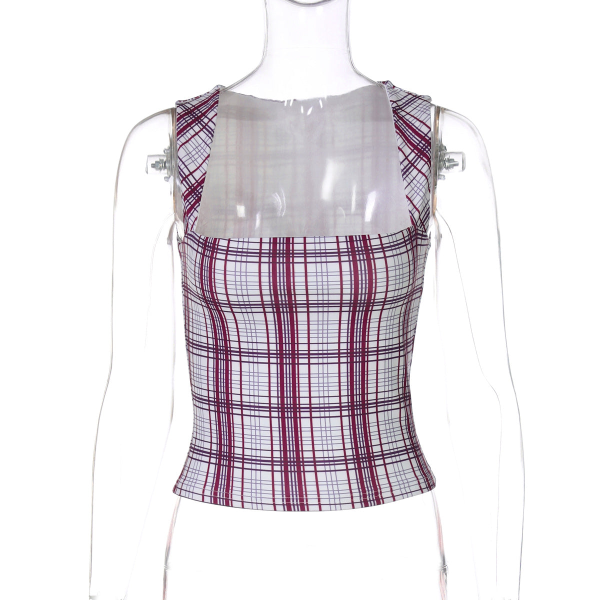 Camisola de alças curta e versáteis de corte cruzada para mulheres europeias e americanas, com padrão de xadrez doce e slim fit, para exportação grossista