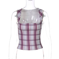 Camisola de alças curta e versáteis de corte cruzada para mulheres europeias e americanas, com padrão de xadrez doce e slim fit, para exportação grossista