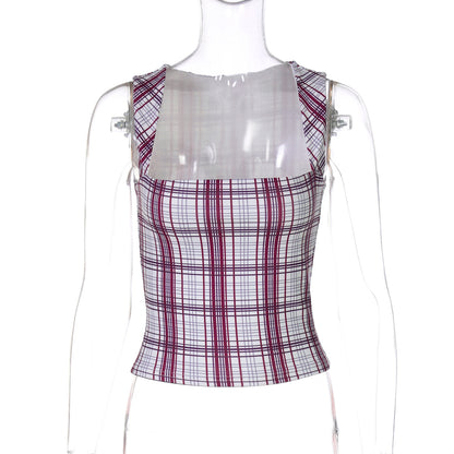 Camisola de alças curta e versáteis de corte cruzada para mulheres europeias e americanas, com padrão de xadrez doce e slim fit, para exportação grossista