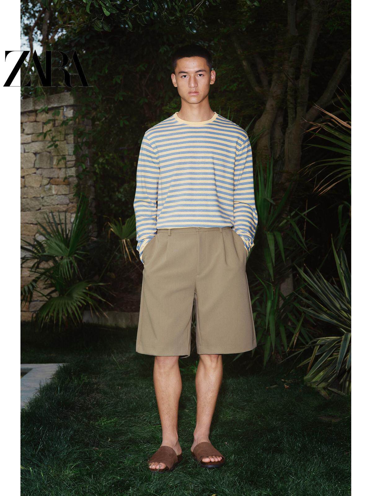 Sandálias rasteiras masculinas ZARA Primavera/Verão 2026 com detalhes em camurça (código: 2709720 701)