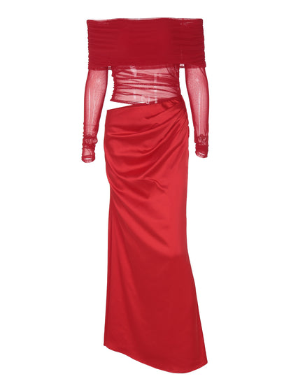 Vestido sensual de moda europeia e americana 2026 de verão 2026, vestido de malha de rede de manga longa e ombros descobertos, oco e slim
