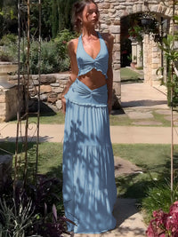 Moda feminina europeia e americana, novo conjunto sexy de vestidos longos com decote em V com borda com folhos e alças longas torcidas para mulheres