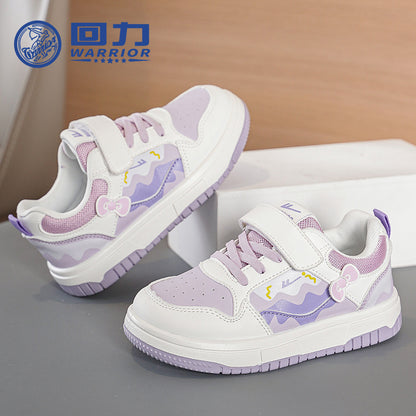 Sapatos infantis Warrior color-block, sapatos infantis com graffiti color-block, novos sapatos na moda e versáteis de sola grossa na primavera, ténis desportivos femininos com superfície de couro e respiráveis