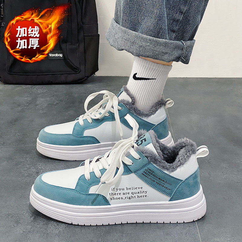 Ténis brancos de homem, sapatos casuais de algodão espessos forrados a polar de inverno 2024, sapatos desportivos quentes antiderrapantes