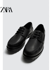Sapatos masculinos ZARA Primavera/Verão 2026, cabedal em couro liso preto, bico redondo, estilo náutico, 2496720 800