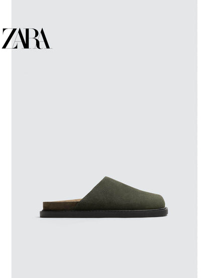 ZARA 2026 Primavera/Verão Sapatos Masculinos, Acabamento em Camurça, Bico Redondo, Sola Grossa, Tamancos de Couro, 2770620 512