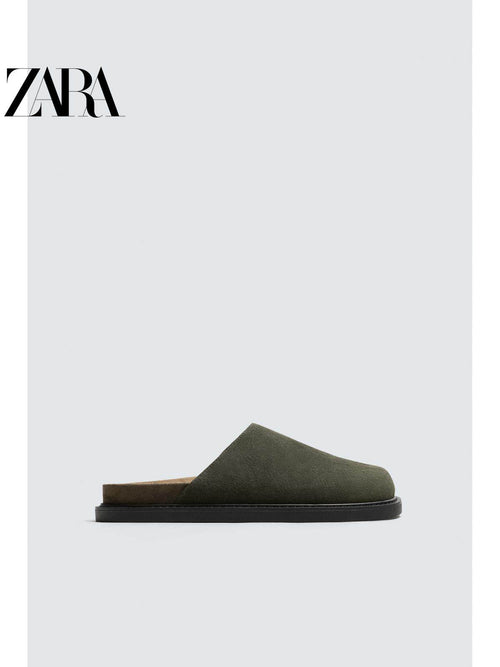 ZARA 2026 Primavera/Verão Sapatos Masculinos, Acabamento em Camurça, Bico Redondo, Sola Grossa, Tamancos de Couro, 2770620 512