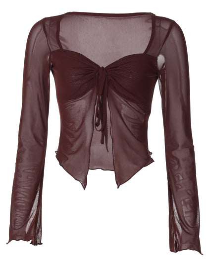 Roupa feminina transfronteiriça europeia e americana 2025 verão INS novo cardigan sexy de rapariga com cordão, t-shirt de rede de manga comprida