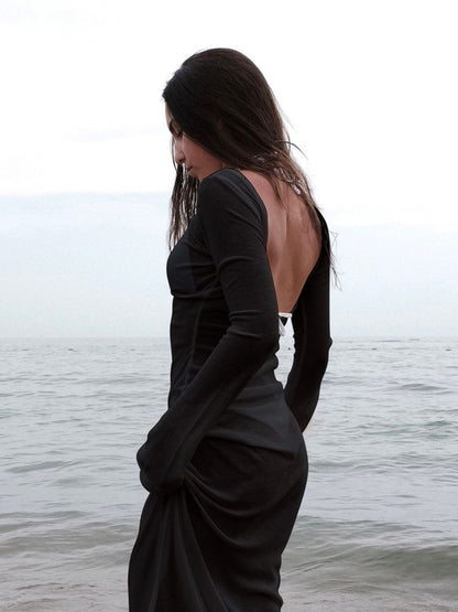 Moda transfronteiriça de verão, vestido novo e sexy, sem costas, puro, transparente, slim, longo, de cor sólida versátil