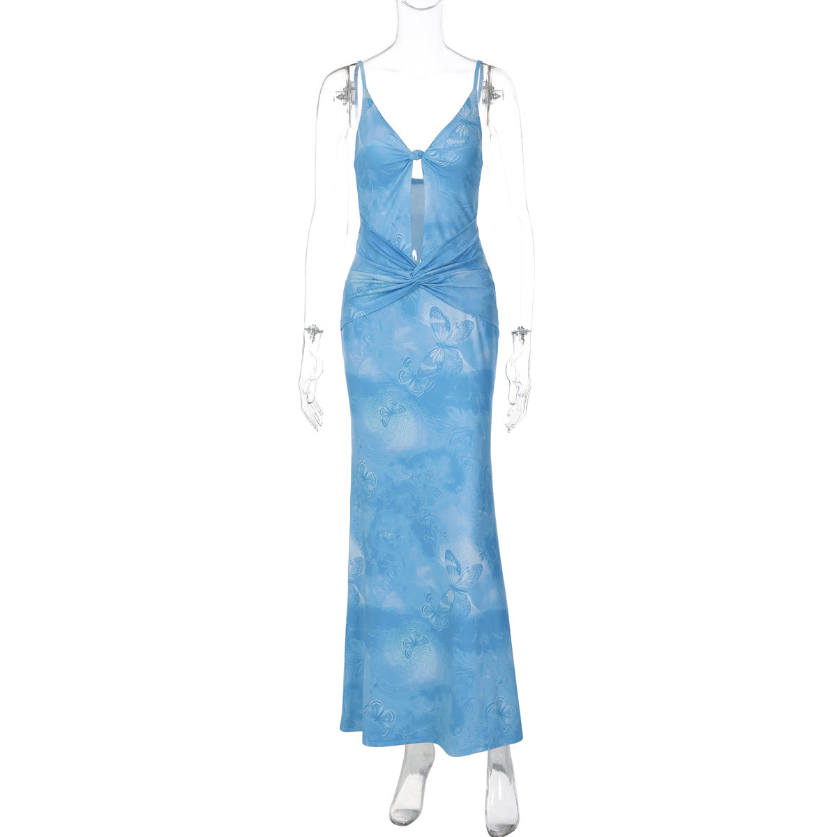 Vestidos populares para mulheres, com estampado oco, decote em V torcido, sem mangas e alças finas, com estampado oco e decote em V