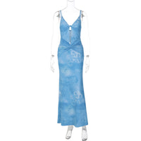 Vestidos populares para mulheres, com estampado oco, decote em V torcido, sem mangas e alças finas, com estampado oco e decote em V