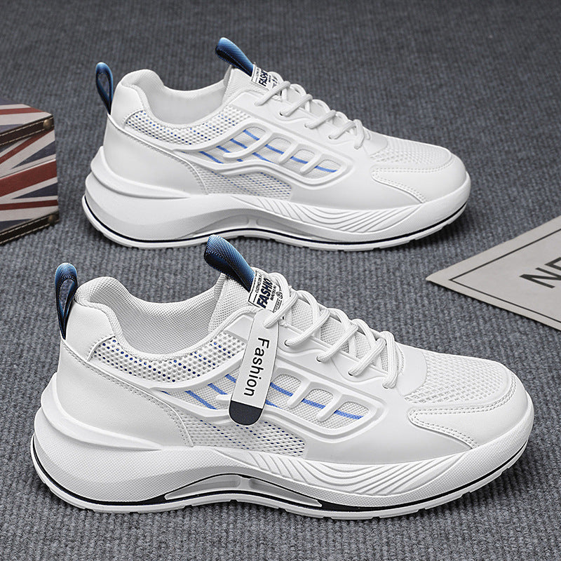 Novos sapatos brancos de malha respiráveis para o verão masculino, ténis versáteis de sola grossa e modernos, sapatos casuais de pai