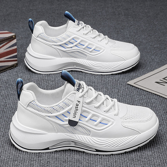 Novos sapatos brancos de malha respiráveis para o verão masculino, ténis versáteis de sola grossa e modernos, sapatos casuais de pai