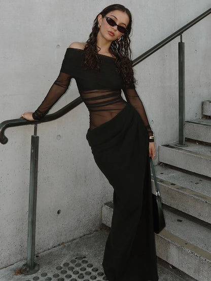 Vestido sensual de moda europeia e americana 2026 de verão 2026, vestido de malha de rede de manga longa e ombros descobertos, oco e slim